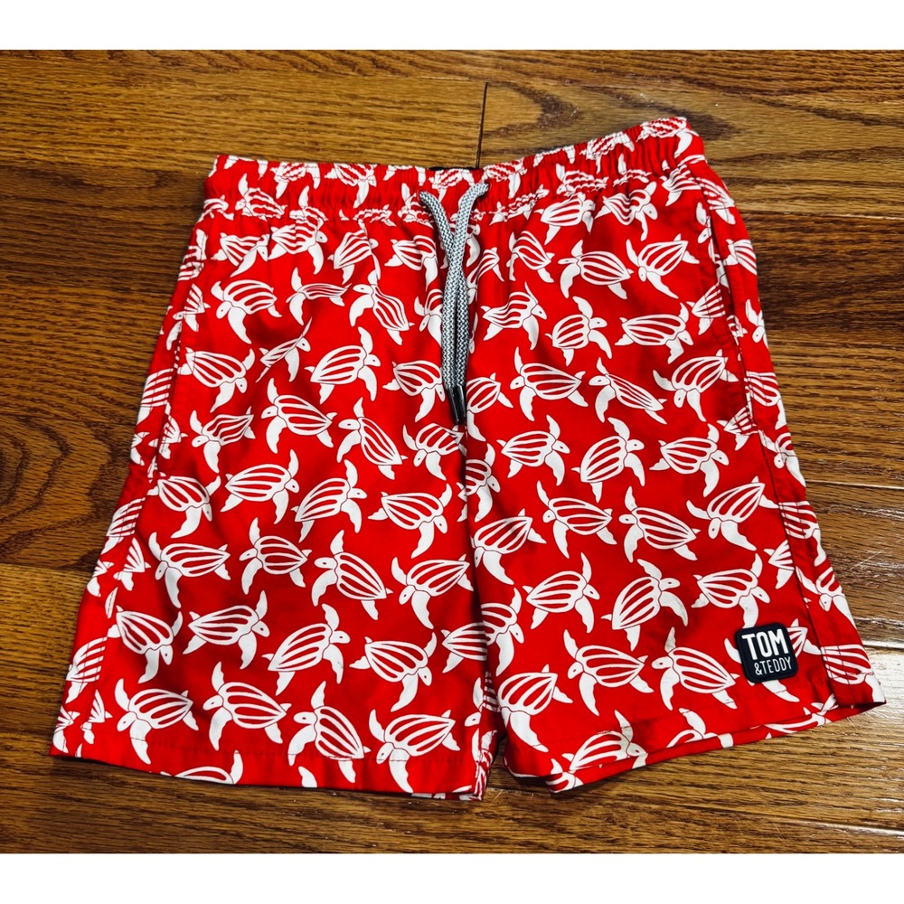 Tom & Teddy Boys Red White Turtle Print Swim Trunks Board Shorts Size 7-8